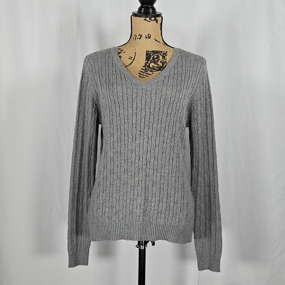 IZOD Cable Knit Sweater L Gray V Neck Cotton NWT Preppy Old Money Classic Style